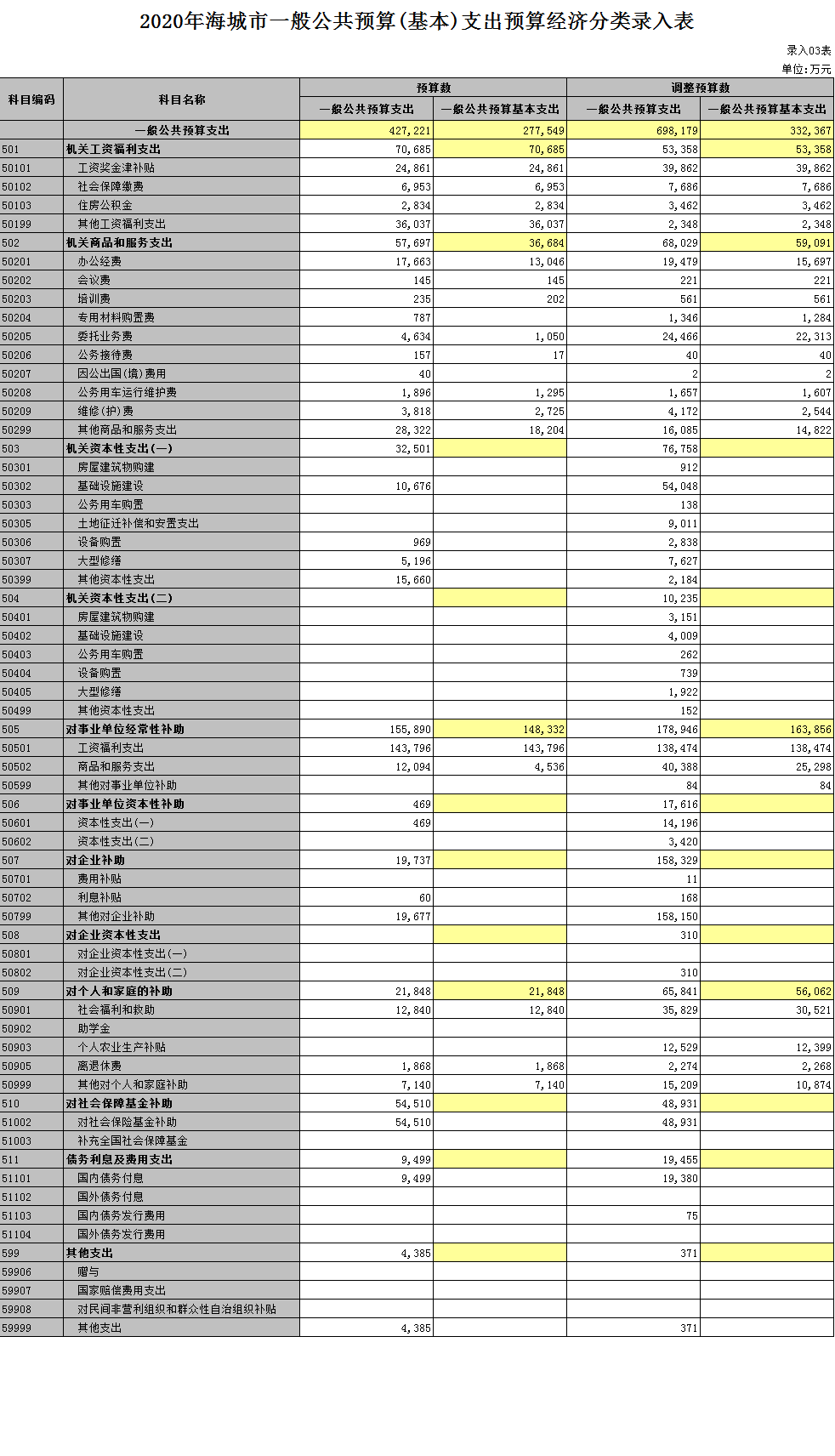 2020年海城市一般公共预算(基本)支出预算经济分类录入表