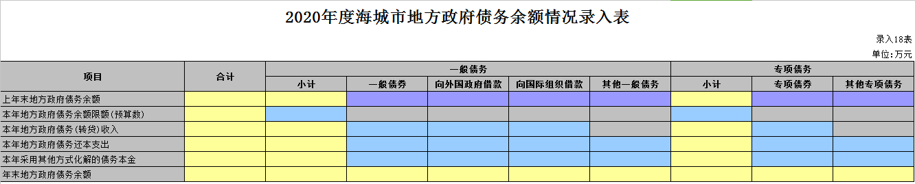 2020年度海城市地方政府债务余额情况录入表