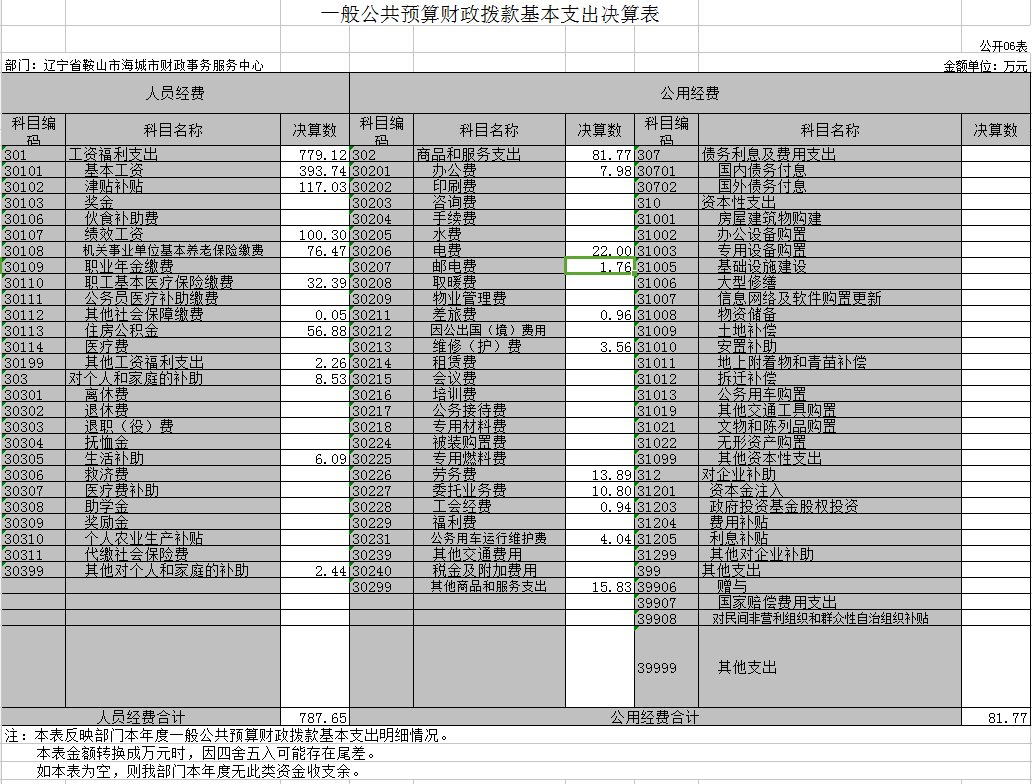 辽宁省鞍山市海城市财政事务服务中心2020年决算公开表