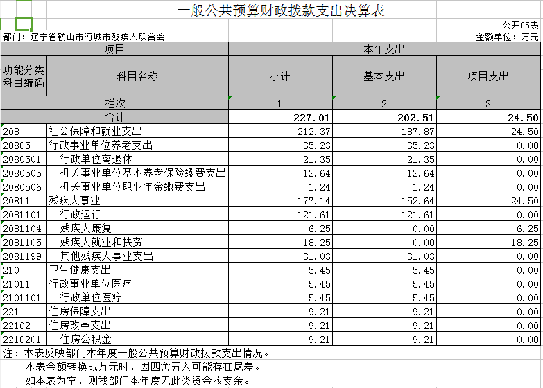 辽宁省鞍山市海城市残疾人联合会2020年决算公开表