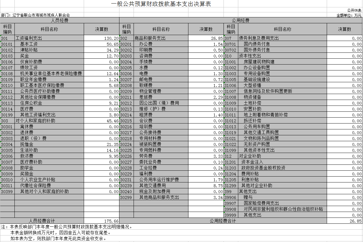 辽宁省鞍山市海城市残疾人联合会2020年决算公开表