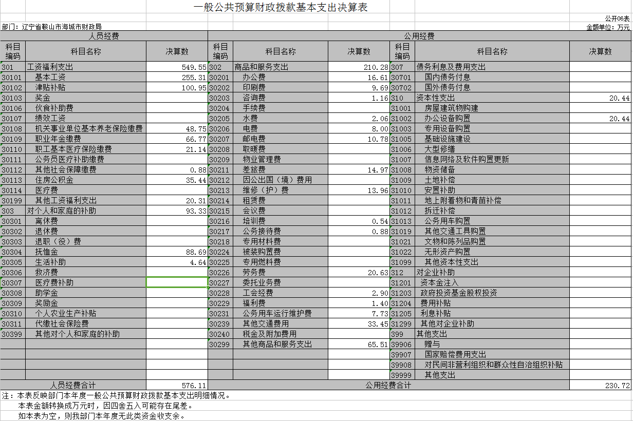 海城市财政局2020年度部门决算公开表