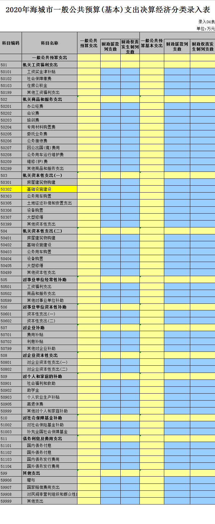 2020年海城市一般公共预算(基本)支出决算经济分类录入表