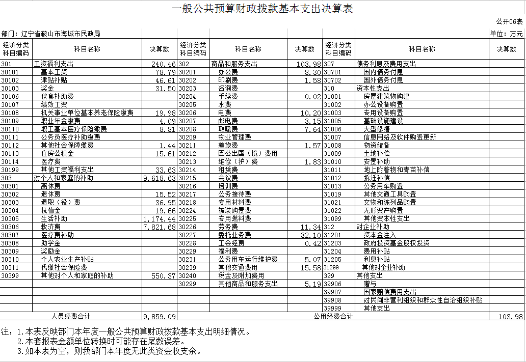 辽宁省鞍山市海城市民政局2020年决算公开表