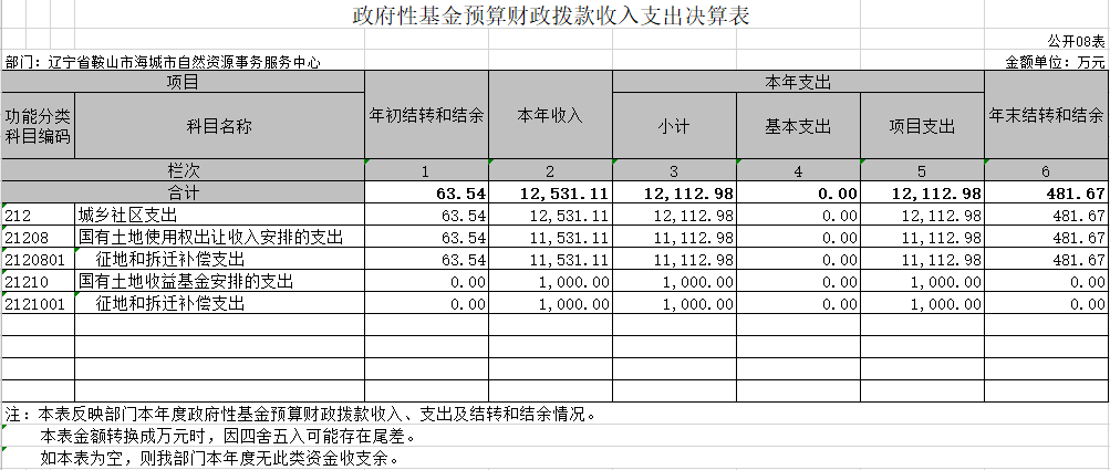 辽宁省鞍山市海城市自然资源事务服务中心2020年决算公开表
