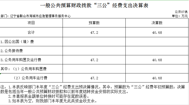 辽宁省鞍山市海城市应急管理事务服务中心2020年决算公开表