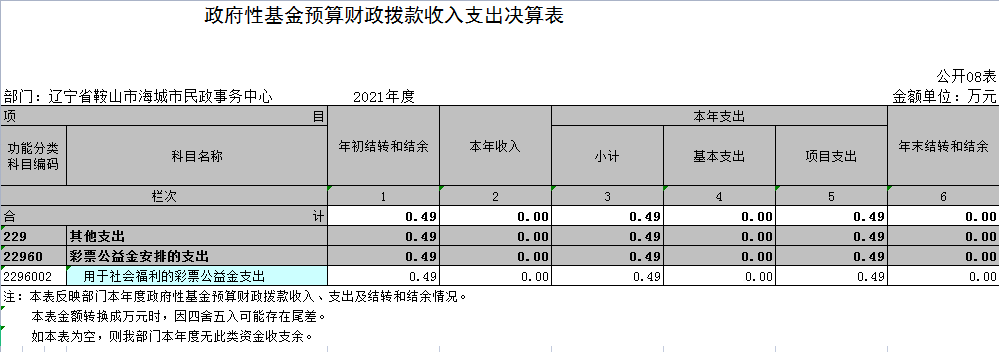 辽宁省鞍山市海城市民政事务中心2021年决算公开表