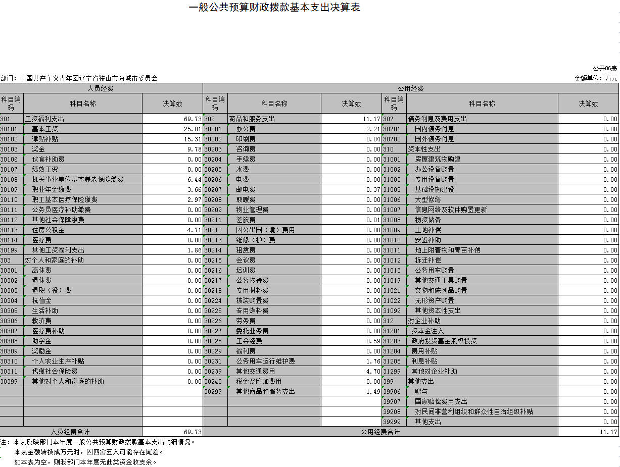 中国共产主义青年团辽宁省鞍山市海城市委员会2021年决算公开表