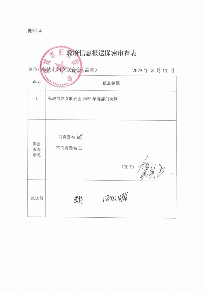 辽宁省鞍山市海城市妇女联合会政府信息报送保密审查表