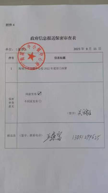 辽宁省鞍山市海城市中小镇中心校政府信息报送保密审查表