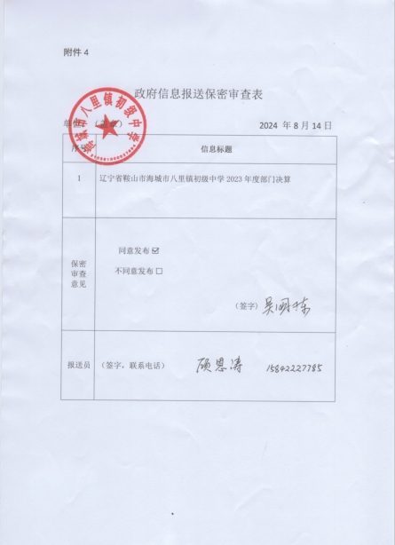 辽宁省鞍山市海城市八里镇初级中学政府信息报送保密审查表