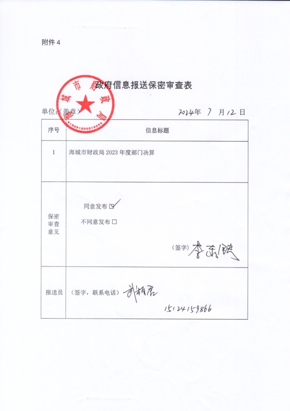 辽宁省鞍山市海城市财政局（本级）政府信息报送保密审查表