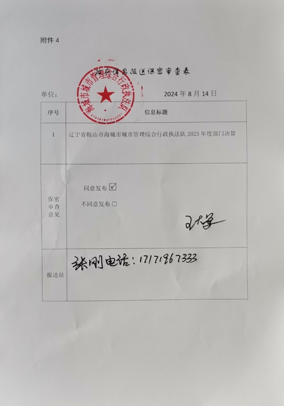 辽宁省鞍山市海城市城市管理综合行政执法队政府信息报送保密审查表