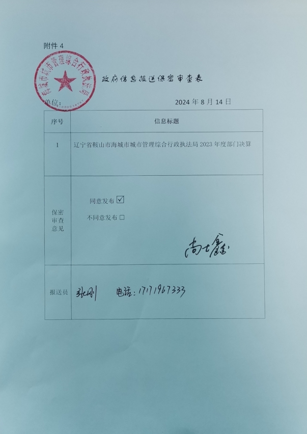 辽宁省鞍山市海城市城市管理综合行政执法局政府信息报送保密审查表