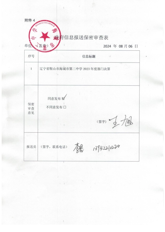 辽宁省鞍山市海城市第二中学政府信息报送保密审查表