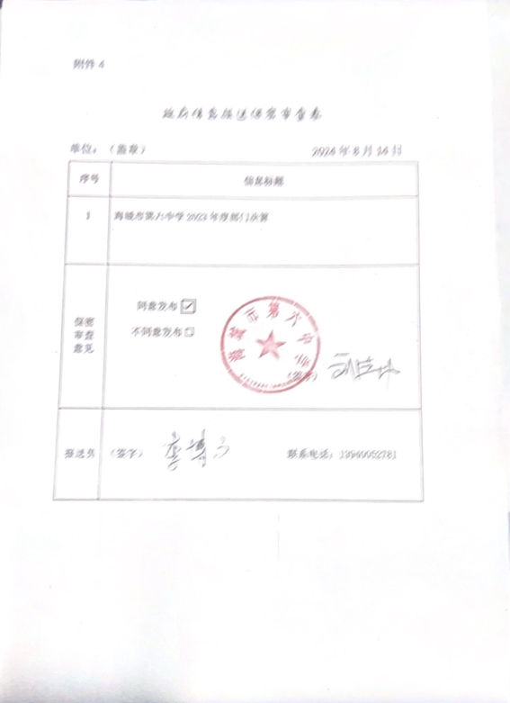 辽宁省鞍山市海城市第六中学政府信息报送保密审查表