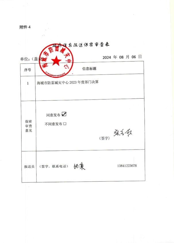 辽宁省鞍山市海城市防雷减灾中心政府信息报送保密审查表