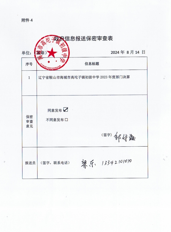 辽宁省鞍山市海城市高坨子镇初级中学政府信息报送保密审查表
