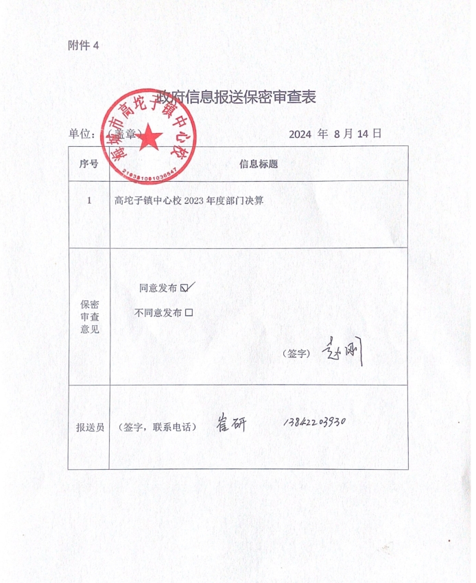 辽宁省鞍山市海城市高坨子镇中心校政府信息报送保密审查表