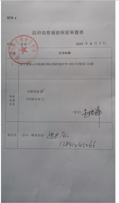辽宁省鞍山市海城市耿庄镇初级中学政府信息报送保密审查表
