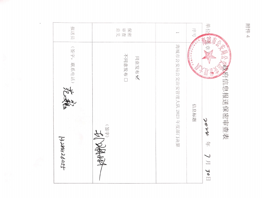 辽宁省鞍山市海城市公安局公交治安管理大队政府信息报送保密审查表