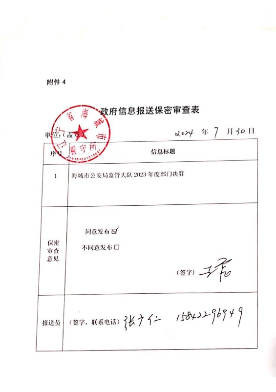 辽宁省鞍山市海城市公安局监管大队政府信息报送保密审查表