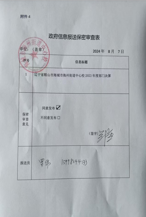 辽宁省鞍山市海城市海州街道中心校政府信息报送保密审查表