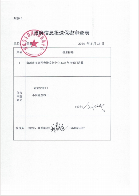辽宁省鞍山市海城市互联网舆情监测中心政府信息报送保密审查表