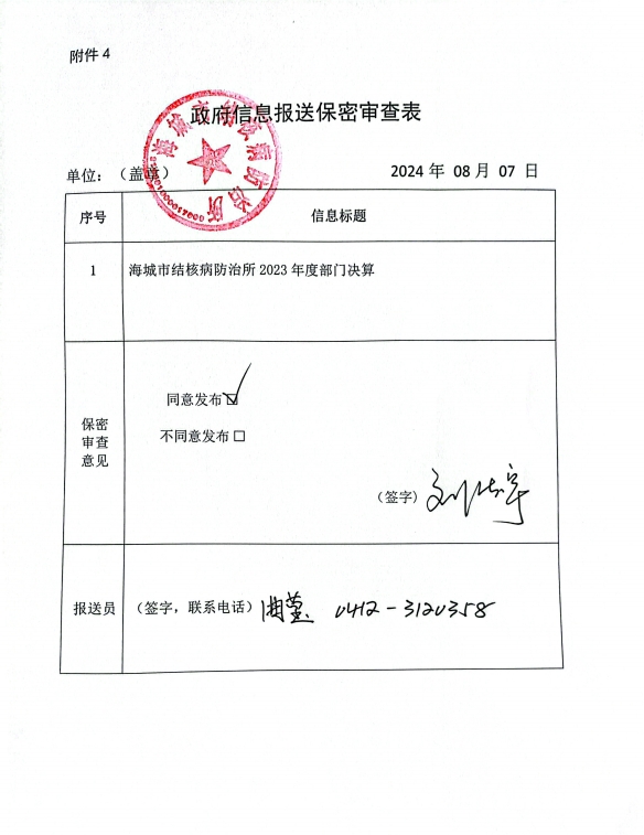 辽宁省鞍山市海城市结核病防治所政府信息报送保密审查表