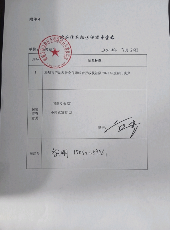 辽宁省鞍山市海城市劳动和社会保障综合行政执法队政府信息报送保密审查表