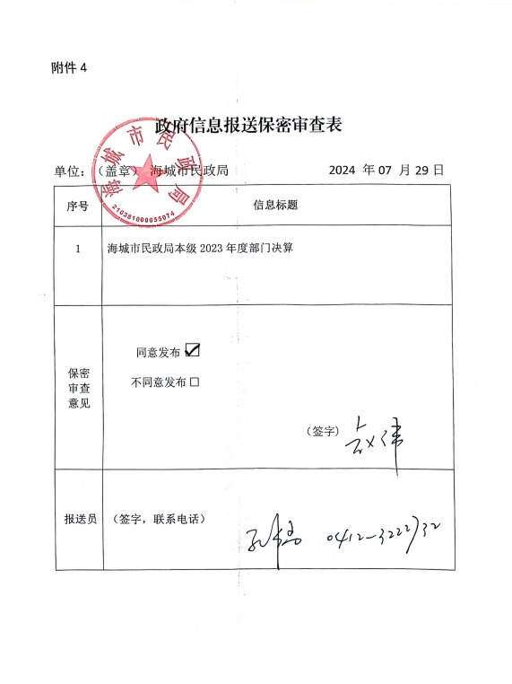 辽宁省鞍山市海城市民政局政府信息报送保密审查表