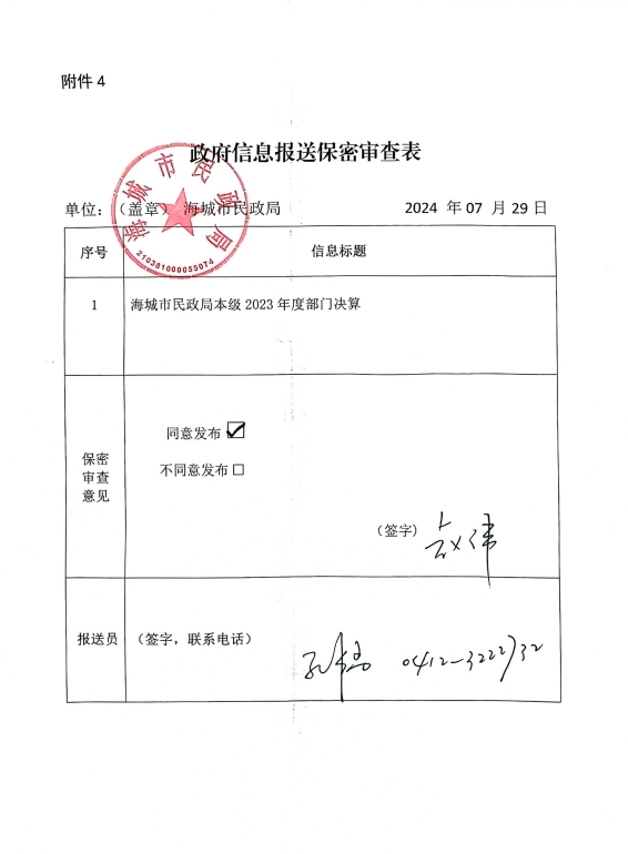 辽宁省鞍山市海城市民政局（本级）政府信息报送保密审查表