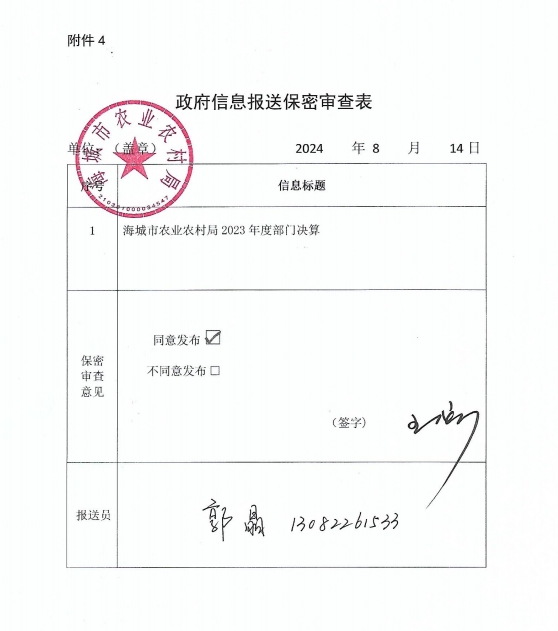 辽宁省鞍山市海城市农业农村局政府信息报送保密审查表
