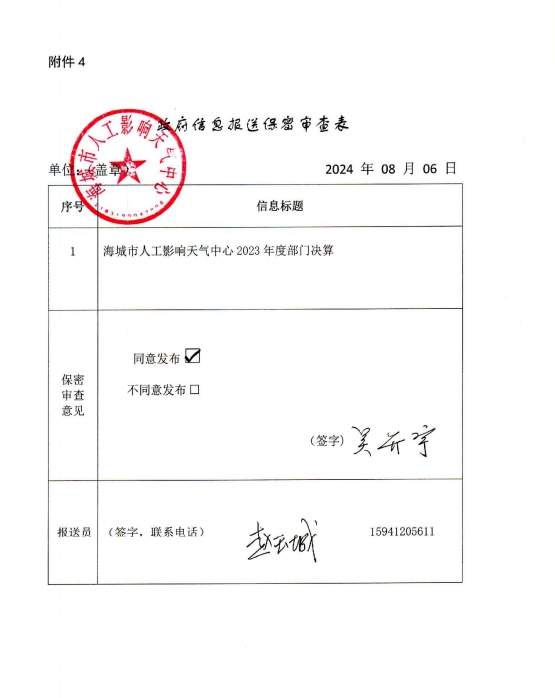 辽宁省鞍山市海城市人工影响天气中心政府信息报送保密审查表