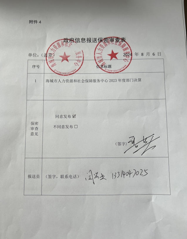 辽宁省鞍山市海城市人力资源和社会保障服务中心政府信息报送保密审查表