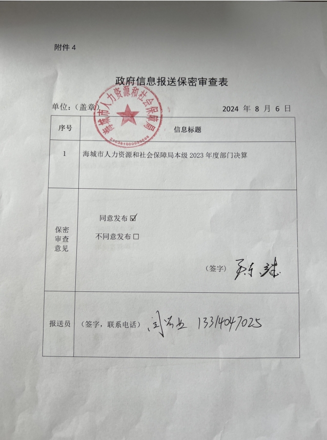 辽宁省鞍山市海城市人力资源和社会保障局（本级）政府信息报送保密审查表