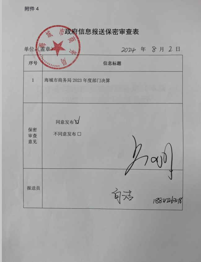 辽宁省鞍山市海城市商务局（本级）政府信息报送保密审查表