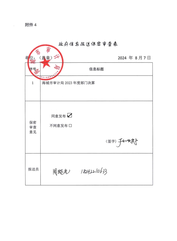 辽宁省鞍山市海城市审计局（本级）政府信息报送保密审查表