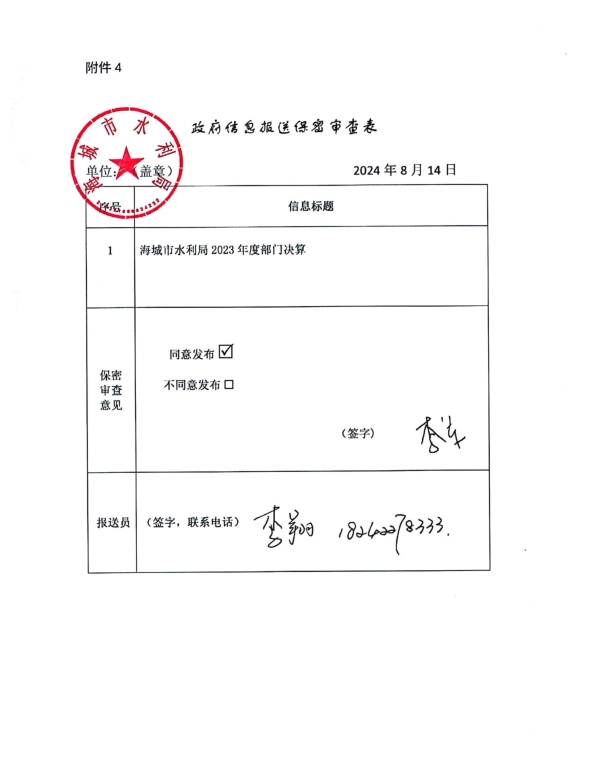 辽宁省鞍山市海城市水利局（本级）政府信息报送保密审查表