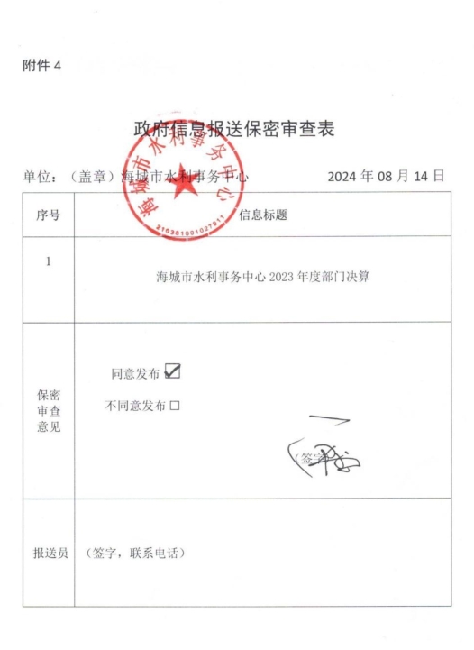 辽宁省鞍山市海城市水利事务中心政府信息报送保密审查表