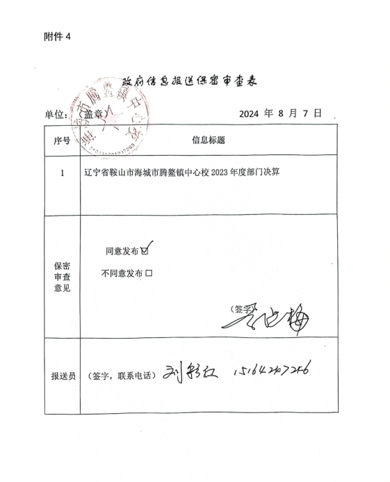辽宁省鞍山市海城市腾鳌镇中心校政府信息报送保密审查表