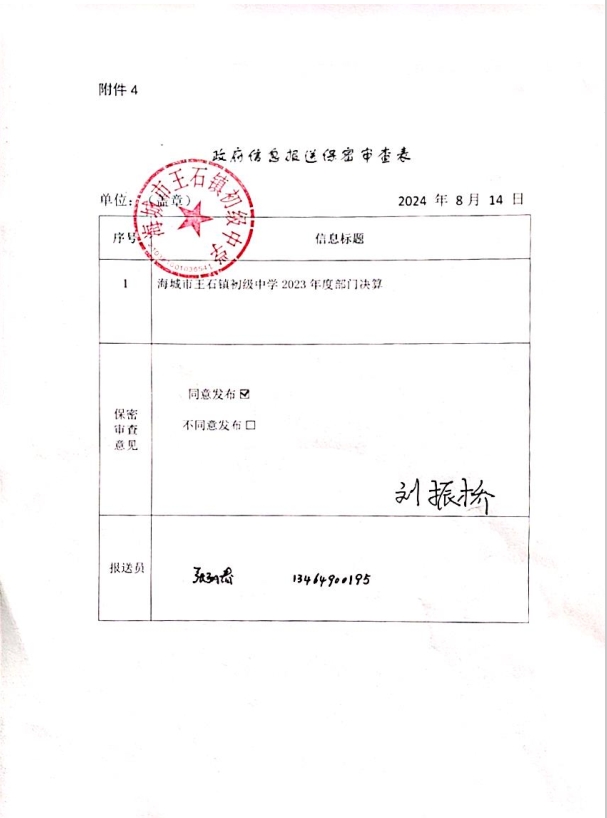 辽宁省鞍山市海城市王石镇初级中学政府信息报送保密审查表
