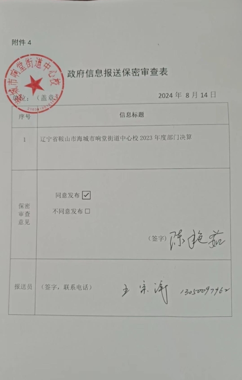 辽宁省鞍山市海城市响堂街道中心校政府信息报送保密审查表