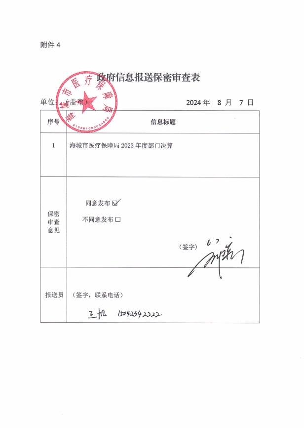 辽宁省鞍山市海城市医疗保障局政府信息报送保密审查表