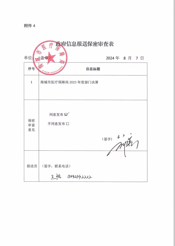 辽宁省鞍山市海城市医疗保障局（本级）政府信息报送保密审查表