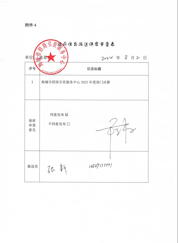 辽宁省鞍山市海城市招商引资服务中心政府信息报送保密审查表