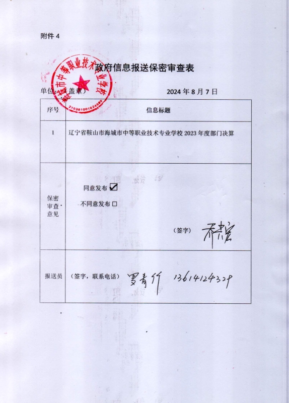 辽宁省鞍山市海城市中等职业技术专业学校政府信息报送保密审查表
