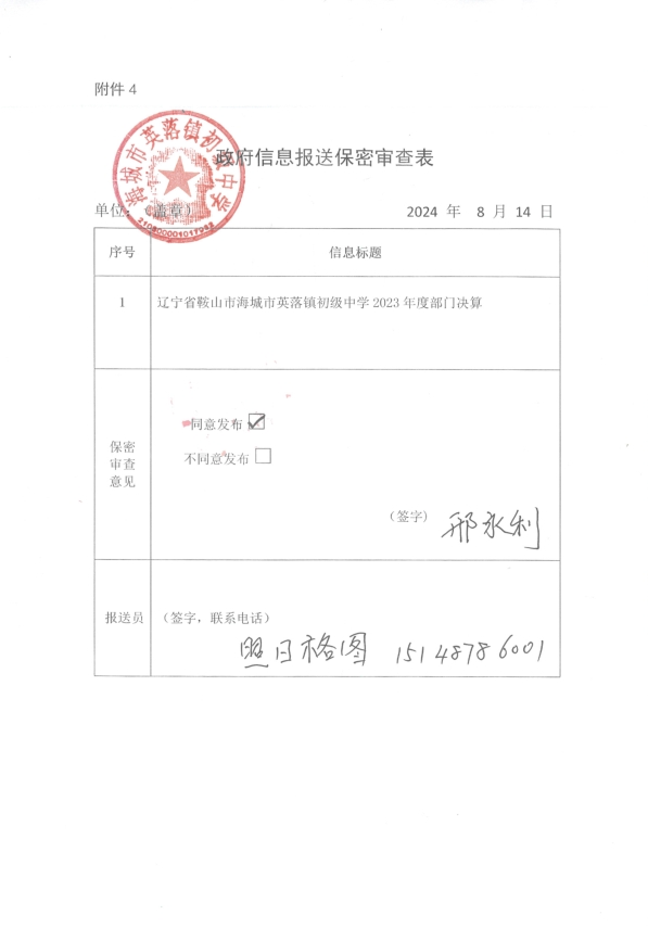 辽宁省鞍山市海城市英落镇初级中学政府信息报送保密审查表