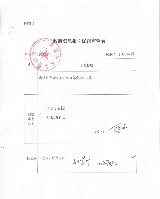 辽宁省鞍山市海城市应急管理局（本级）政府信息报送保密审查表