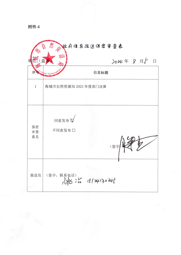 辽宁省鞍山市海城市自然资源局政府信息报送保密审查表